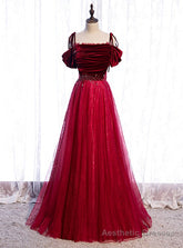 Burgundy Tulle Velvet Spaghetti Straps Beading Prom Dress